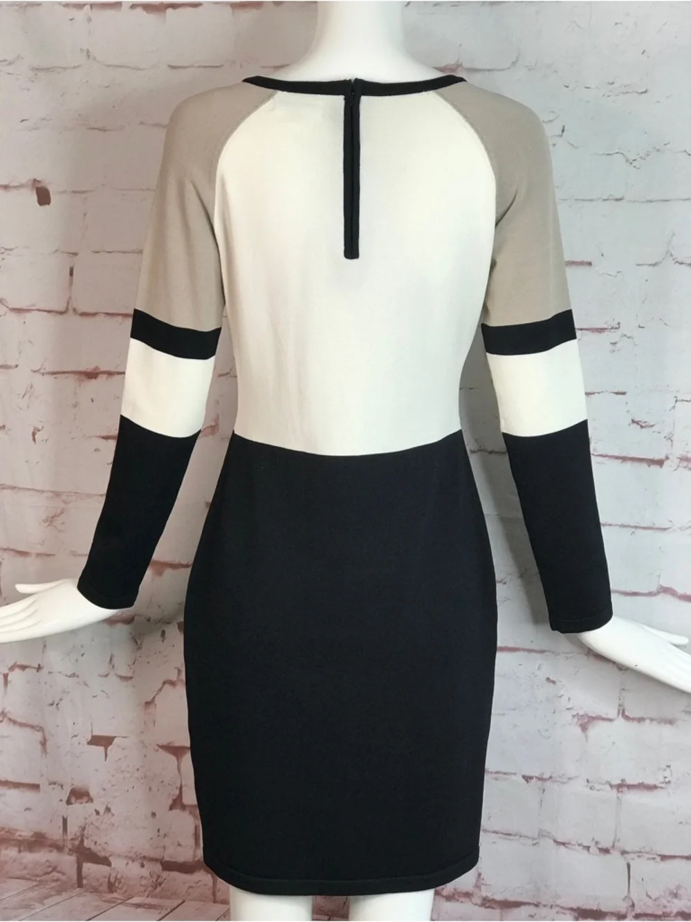 CALVIN KLEIN M Petite Colorblock Knit Long Sleeve Dress Black Taupe Cream MP - Picture 9 of 15